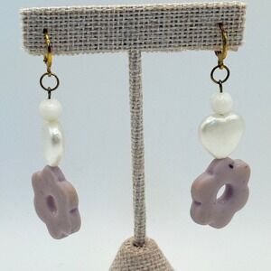Dangle Earrings Pearl Heart Flower Lavender Gold Tone Jewelry